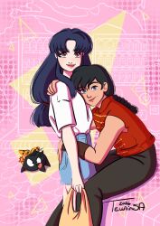  1boy 1girl absurdres anger_vein black_hair black_pants blue_eyes blue_hair blue_shorts braid brown_eyes chinese_clothes closed_mouth commentary dated denim denim_shorts hand_on_another's_ass hand_on_another's_shoulder hetero highres hug long_hair open_mouth p-chan_(ranma_1/2) pants piglet pink_background pink_lips ranma_1/2 saotome_ranma saotome_ranma_(male) shirt shorts single_braid sitting smile tangzhuang tella-in-sa tendou_akane white_shirt 
