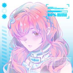  1girl baozilaojing bare_shoulders blue_background blue_ribbon brown_eyes chinese_commentary collar commentary_request cross cross_print detached_collar dot_nose dress drip_remedy_(shining_nikki) expressionless eyes_visible_through_hair gradient_background hair_over_one_eye hair_over_shoulder hair_ribbon hair_tie high_collar highres light_blush lips loading_icon long_hair looking_at_viewer low_twintails nikki_(nikki) nikki_(series) parted_lips pink_hair pink_lips ribbon shining_nikki sleeveless sleeveless_dress solo strap tenshi_kaiwai tress_ribbon twintails two-tone_background upper_body wavy_hair white_background white_collar white_dress 