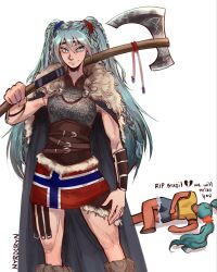  2girls aqua_eyes aqua_hair axe black_cape brazilian_miku cam_(asilber_art) cape clothing_request commentary denim denim_shorts english_commentary english_text hair_down hatsune_miku highres holding holding_axe kilt long_hair multiple_girls norway shirt shorts tan twintails viking vocaloid watermark white_background world_cup yellow_shirt 