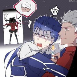  !? 1girl 2boys archer_(fate) armor arrow_(symbol) black_skirt black_thighhighs blue_hair bottle command_spell commentary_request cu_chulainn_(fate) cu_chulainn_(fate/stay_night) cu_chulainn_(lancer)_(fate) empty_eyes eye_drops fate/stay_night fate_(series) glowing glowing_eye grey_eyes grey_hair h_sueun holding holding_bottle miniskirt misunderstanding multiple_boys pauldrons red_eyes shaded_face shoulder_armor signature skirt spoken_interrobang tearing_up thigh-highs tohsaka_rin zettai_ryouiki 
