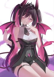  1girl :d ;d azki_(hololive) azki_(little_devil)_(hololive) bare_arms black_hair black_horns black_ribbon black_shorts black_tail black_tiara butterfly_brooch colored_inner_hair commentary demon_girl demon_horns demon_tail demon_wings gradient_horns gradient_tail grin hair_intakes hair_ribbon highres hololive horns long_hair looking_at_viewer mole mole_under_eye multicolored_hair multicolored_horns necktie official_alternate_costume official_alternate_hairstyle one_eye_closed pendora1022 pink_hair pink_horns pink_streaks pink_tail ribbon shirt short_necktie short_shorts shorts simple_background sitting sleeveless sleeveless_shirt smile solo streaked_hair swept_bangs tail thigh_strap tiara twintails untranslatable_commentary very_long_hair violet_eyes white_background white_shirt white_streaks wings 