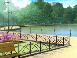  bench blue_sky bridge building bush city cityscape clouds day fence flower forest game_asset grass lake lamppost light_rays nature no_humans non-web_source official_art outdoors park park_bench pink_flower plant pond reflection reflective_liquid river road scenery seisenki_valkyrie_sisters self-datamine sky sunbeam sunlight tree variant_set visual_novel_cg water 