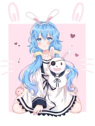  1girl absurdres animal_ear_hairband animal_ears animal_slippers black_trim blue_eyes blue_hair blush chinese_commentary collarbone commentary_request date_a_live dress fake_animal_ears flat_chest full_body hairband hand_puppet highres himekawa_yoshino long_hair long_sleeves looking_at_viewer medium_dress messy_hair parted_lips pink_background pink_slippers puppet rabbit_ears sitting slippers solo straight-on twintails wariza white_background white_dress white_hairband xingseyekong 