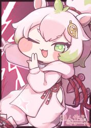  animal_ears baggy_pants chibi clothing_cutout commentary_request fang fluffy_tail green_eyes green_hair hair_ornament highres hip_vent kunai leaf_hair_ornament medium_hair momo_(trickcal) multicolored_hair one_eye_closed open_mouth pants pink_hair pink_hood pink_pants red_rope rope squirrel_ears squirrel_tail tail trickcal two-tone_hair weapon yagami_yu 