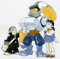  1girl 2boys arm_up bag black_hair black_jacket black_pants blue_sailor_collar blue_skirt blue_sleeves brown_eyes brown_shoes closed_mouth commentary_request concept_art gakuran grey_hair grin hand_on_another's_arm hand_on_own_head hand_on_own_hip highres humanoid_robot jacket joints layered_sleeves long_sleeves looking_at_another mary_janes multiple_boys orange_sailor_collar original pants robot robot_joints sailor_collar school_uniform serafuku shibata_jun shirt shoes short_hair short_over_long_sleeves short_sleeves shoulder_bag simple_background skirt smile socks standing very_short_hair white_background white_bag white_shirt white_socks 