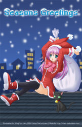  1girl animal_collar aqua_eyes arms_up artist_name bell black_cat black_thighhighs blue_background boots bow bowtie building capelet cat christmas collar colored_sclera commentary dated dress english_commentary feet_up frilled_capelet frilled_dress frills full_body green_sclera hakubo_(otaku_news) hat holding holding_sack long_hair long_sleeves looking_at_viewer miyuki_(otaku_news) neck_bell night official_art on_rooftop open_mouth otaku_news outdoors pink_bow pink_bowtie pink_hair promotional_art red_boots red_capelet red_dress sack santa_hat short_dress silhouette slit_pupils smile snowing thigh-highs wing_yun_man 