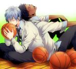  aomine_daiki back-to-back basketball black_hair blue_hair closed_eyes dark_skin eyes_closed komashiro kuroko_no_basuke kuroko_tetsuya male multiple_boys open_mouth school_uniform short_hair 