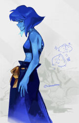 1girl :3 alien animification antenna0203 back_jewel belt_ribbon blue_hair blue_skin bow colored_skin commentary_request creature doodle_inset gem gem_(steven_universe) highres lapis_lazuli_(reformed)_(steven_universe) lapis_lazuli_(steven_universe) ribbon short_hair solo steven_universe steven_universe_future 