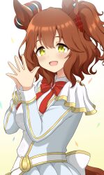  1girl animal_ears aston_machan_(umamusume) blush bow breasts brown_hair capelet commentary_request crown green_eyes hair_between_eyes hair_ornament hair_scrunchie highres hokutoro64 horse_ears horse_girl horse_tail jacket large_breasts long_sleeves looking_at_viewer mini_crown open_mouth own_hands_clasped own_hands_together red_bow scrunchie smile snowy_integrity_(umamusume) solo steepled_fingers tail tilted_headwear umamusume white_capelet white_jacket 