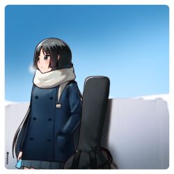  1girl akiyama_mio black_eyes black_hair blue_coat blue_skirt border breath buttons cellphone closed_mouth coat cowboy_shot day double-breasted enpera expressionless flip_phone hand_in_pocket holding holding_phone instrument_case k-on! long_hair long_sleeves morynocle outdoors phone pleated_skirt scarf skirt solo twitter_username white_border white_scarf winter_clothes 
