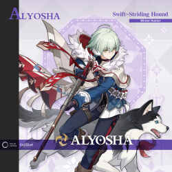  1boy ahoge alyosha_(genshin_impact) black_gloves blue_jacket blue_pants bolt_action boots brown_boots character_name cloak commentary dog earmuffs electro_symbol_(genshin_impact) english_commentary english_text feet_out_of_frame fur-trimmed_cloak fur-trimmed_hood fur_trim genshin_impact gloves green_hair gun hair_between_eyes highres holding holding_gun holding_weapon hood hooded_cloak jacket leg_up long_sleeves looking_to_the_side official_art pants short_hair weapon white_cloak yellow_eyes 