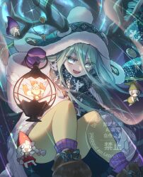  1girl antlers blue_eyes brown_shoes commentary_request fate/grand_order fate_(series) green_hair hair_between_eyes highres holding holding_lantern horns kuraha1601 lantern long_hair looking_at_viewer louhi_(fate) open_mouth pantyhose purple_socks scarf shoes socks solo sparkle yellow_pantyhose 