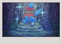  absurdres beak black_eyes closed_mouth flower flower_necklace full_body highres lei moss no_humans onamuzi_illust outdoors pokemon pokemon_(creature) pokemon_focus porygon2 solo sparkle tail 