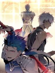  3boys archer_(fate) armor blood blood_on_face commentary_request crossed_arms cu_chulainn_(fate) cu_chulainn_(fate/stay_night) cu_chulainn_(lancer)_(fate) dark-skinned_male dark_skin dual_wielding earrings fate/stay_night fate_(series) gae_bolg_(fate) gate_of_babylon_(fate) gilgamesh_(fate) gold_armor h_sueun highres holding holding_polearm holding_sword holding_weapon jewelry kanshou_&amp;_bakuya_(fate) long_hair low_ponytail male_focus multiple_boys official_alternate_hairstyle open_mouth pauldrons polearm ponytail serious shoulder_armor signature smile sword weapon 