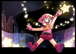  1boy androgynous arm_up blush_stickers boots commentary_request fingerless_gloves gloves hood hood_down hooded_shirt kirby kirby_(series) letterboxed no_nose open_mouth outstretched_arm personification pink_gloves pink_hair shorts star_(symbol) star_rod undershirt yama_guriko 