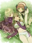  bandeau blonde_hair breasts brown_eyes brown_hair butterfly choker coat creature doll dress elise_lutus grass green_eyes green_hair leia_roland lizzydom long_hair lying midriff milla_maxwell multiple_girls navel red_eyes short_hair skirt smile tales_of_(series) tales_of_xillia tipo_(xillia) 