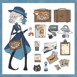  1girl bag bingningshui_zhizaoji black_boots black_pants blue_border blue_coat blue_hat blue_ribbon boots border bottle brown_bag character_charm character_print character_sticker charm_(object) clipboard coat deformed envelope full_body grey_eyes grey_hair hair_bun hat hat_ribbon highres holding holding_charm looking_at_viewer no_pupils open_clothes open_coat pants pointy_boots reverse:1999 ribbon shoulder_bag solo sonetto_(reverse:1999) sticker tablet_pc top_hat vertin_(reverse:1999) 