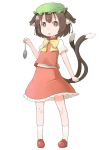  animal_ears bowtie brown_eyes brown_hair cat_ears cat_tail chen hat holding mouse multiple_tails nakashino_setsu short_hair simple_background skirt skirt_set solo standing tail touhou white_background 