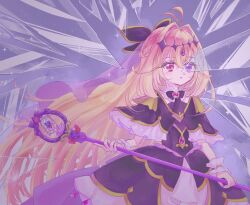  1girl asazuki_noa blonde_hair broken_glass capelet commentary_request cure_arcana_shadow dress frilled_capelet frilled_dress frilled_skirt frills gem glass hair_ornament heart-shaped_gem heterochromia highres holding holding_staff long_hair magical_girl meitantei_precure! open_mouth precure red_gem skirt staff tear_arcana_rod 