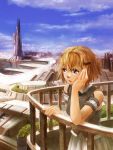  arm_cuffs balcony blush_stickers brown_eyes brown_hair building chin_rest cloud clouds copyright_request dock hair_ornament hairclip hand_on_own_face harbor highres open_mouth plant pleated_skirt railing rana7 sad scenery short_hair skirt sky sleeveless solo tower 