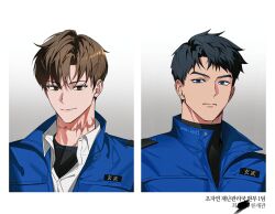  2boys agent_choi black_eyes black_hair black_shirt blue_eyes blue_jacket blue_pupils brown_hair close-up commentary grey_background gwechul highres jacket korean_text multiple_boys portrait ri_mumu ryu_jaekwan scar scar_on_neck shirt short_hair simple_background translation_request turtleneck untranslatable_commentary white_shirt 