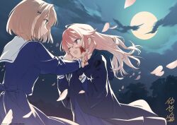  2girls absurdres blood blue_dress bob_cut brown_hair collar commentary_request dress green_eyes hair_ornament highres kagari_mimi kimi_ga_shinu_made_koi_wo_shitai long_hair looking_at_another multiple_girls nakatani_nio official_art one_eye_closed pink_hair sailor_collar sailor_dress short_hair sleeve_cuffs smile totsuki_shiina wavy_hair white_collar x_hair_ornament yuri 
