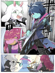 ! 1boy 1girl 1other animal_ears black_collar black_jacket black_pants blue_hair blue_jacket blue_skin collar colored_skin commentary concert dated deltarune drum drum_set electric_guitar emphasis_lines fangs floppy_ears furry furry_female furry_male glasses goat_boy goat_ears goat_horns green_hair grin guitar highres holding holding_guitar holding_instrument holding_microphone horns instrument jacket komamama kris_(dark_world)_(deltarune) kris_(deltarune) kris_(lightners_live)_(deltarune) microphone mohawk motion_blur official_alternate_costume open_mouth pants pink_skin playing_instrument purple_hair ralsei ralsei_(lightners_live) red_eyes round_eyewear shared_speech_bubble sharp_teeth short_hair signature skin_fangs smile sparkle speech_bubble spoken_exclamation_mark susie_(dark_world)_(deltarune) susie_(deltarune) susie_(lightners_live)_(deltarune) sweat teeth twitter_username untranslatable_commentary utdr_(toby_fox) 