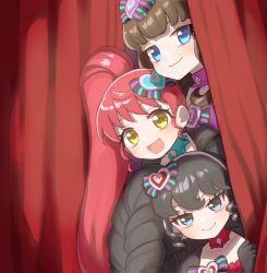  3girls :d black_bow black_gloves black_hair blue_choker blue_eyes bow brown_hair choker closed_mouth commentary_request curtains gaaruru_(pripara) gloves hair_bow headphones jinno_(jin_c_kkry) kurosu_aroma long_hair looking_at_viewer multiple_girls open_mouth peeking_out pink_choker ponytail pretty_series pripara red_choker red_hair shiratama_mikan smile striped_bow very_long_hair yellow_eyes 
