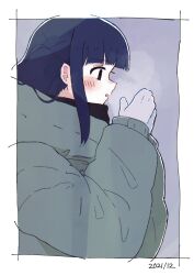  1girl :o absurdres black_eyes black_sweater blunt_bangs blush border breath coat commentary dated dutch_usagi from_side green_coat grey_background hands_up highres long_sidelocks long_sleeves looking_ahead mittens parted_lips profile purple_hair shoujo_kageki_revue_starlight sidelocks simple_background sleeves_past_wrists solo sweater tsuyuzaki_mahiru untranslatable_commentary upper_body white_border white_mittens winter_clothes winter_coat 