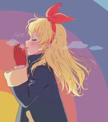  1girl aikatsu! aikatsu!_(series) blonde_hair blue_coat bow bow_hairband breath closed_eyes coat commentary_request fur-trimmed_gloves fur_trim gloves hair_bow hairband hands_up highres hoshimiya_ichigo long_hair long_sleeves miyadani_risa open_mouth own_hands_together palms_together profile red_bow red_gloves red_hairband solo wide_sleeves winter_clothes 