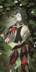  1boy ashiya_douman_(fate) asymmetrical_hair black_hair cliff_(42961931) closed_eyes commentary_request earrings fate/grand_order fate_(series) green_kimono hair_between_eyes highres japanese_clothes jewelry kimono lily_pad long_hair lying magatama magatama_earrings male_focus multicolored_hair on_back open_clothes open_kimono partially_submerged pond ribbed_sleeves solo split-color_hair two-tone_hair very_long_hair water white_hair 