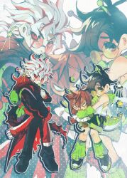  ! 1girl 2boys animal_ears antennae ayase_momo black_hair black_jacket black_pants black_shoes brown_eyes brown_hair cat_ears cat_girl cat_tail clothes_around_waist crossed_bangs dandadan de557777 dual_persona facial_mark full_body furrowed_brow glasses gloves green_gloves green_socks hair_between_eyes highres hood hood_down jacket jacket_around_waist loose_socks multicolored_hair multiple_boys pants parted_bangs red_eyes red_hair round_eyewear shirt shoes short_hair socks standing streaked_hair tail takakura_ken_(dandadan) takakura_ken_(transformed)_(dandadan) wavy_hair wavy_mouth white_hair white_shirt 