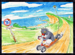 2boys behind-the-head_headphones black_border blue_eyes blue_sky border cliff clouds commentary_request concept_art day dirt_road driving flying furry furry_male hang_gliding headphones highres horizon kick_scooter lighthouse male_focus motorized_kick_scooter multiple_boys ocean open_mouth original outdoors penguin_boy plant road road_sign rockhopper_penguin rope ruins rust shibata_jun sign sky speed_limit_sign traditional_media vines 