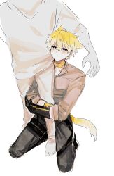  1boy 1other :< asymmetrical_gloves belt_collar black_gloves black_pants blonde_hair blue_eyes blush collar fingerless_gloves gloves grey_shirt highres hugging_another's_leg long_sleeves looking_at_another mismatched_gloves mole mole_on_neck nijisanji nijisanji_en pants popped_collar shirt shirt_tucked_in single_fingerless_glove sitting sonny_brisko sonny_brisko_(1st_costume) sukinakoto1ppai tears thigh_strap white_hair yellow_gloves 