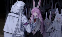  6+girls ambiguous_gender animal_ears astronaut closed_mouth collared_shirt commentary_request dress grey_hair helmet highres long_hair long_sleeves looking_at_another moon_rabbit multiple_girls necktie pink_hair rabbit_ears rabbit_girl red_eyes red_necktie reisen_udongein_inaba shadow shirt space_helmet touhou vanilla_flan very_long_hair white_dress white_shirt 