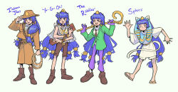  1girl absurdres ancient_egyptian_clothes animal_ears batman_(series) belt boots brown_belt brown_boots brown_hat brown_jacket brown_necktie brown_pants brown_shorts card cat_ears cat_tail collared_shirt commentary cosplay dc_comics dress earrings english_commentary gloves green_jacket hair_ornament hand_on_headwear hat highres holding holding_card holding_scepter holding_whip indiana_jones indiana_jones_(cosplay) indiana_jones_(series) jacket jewelry kemonomimi_mode key_earrings loafers long_hair looking_at_viewer michigami_nareko molly_yancey multiple_views necktie nemes open_mouth pants purple_gloves purple_pants scepter shirt shoes shorts smile sphere_hair_ornament sphinx tail the_riddler the_riddler_(cosplay) touhou variations very_long_hair whip white_dress white_shirt yu-gi-oh! 