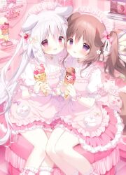  2girls :d animal_ears apron blush brown_hair center_frills checkered_floor collared_shirt commentary dog_ears dog_girl dog_tail dress_shirt food frilled_apron frilled_skirt frills grey_hair hair_between_eyes highres holding holding_food ice_cream ice_cream_cone indoors long_hair looking_at_viewer maid maid_apron maid_headdress multiple_girls multiple_scoops original pink_apron pink_skirt pleated_skirt puffy_short_sleeves puffy_sleeves red_eyes shiratama_(shiratamaco) shirt short_sleeves sitting skirt smile socks tail twintails two_side_up untranslatable_commentary very_long_hair violet_eyes white_shirt white_socks wrist_cuffs 