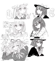  2girls absurdres book book_stack bow capelet closed_mouth collared_dress collared_shirt commentary contrast_collar dress greyscale hair_between_eyes hair_bow hat hat_bow hat_ribbon highres holding holding_book holding_pen holding_phone kashiwada_kiiho long_hair long_sleeves lying maribel_hearn medium_hair mob_cap monochrome multiple_girls neck_ribbon on_back open_mouth paper pen phone reading resting ribbon ribbon-trimmed_capelet ribbon_trim shirt speech_bubble sweatdrop taboo_japan_disentanglement touhou usami_renko white_background 