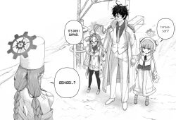  1boy 3girls antenna_hair arai_satomi beatrice_(re:zero) blue_archive braid braided_twintails coat coat_on_shoulders commentary english_commentary english_text glasses greyscale halo height_difference highres holding_hands hood hood_up jacket long_hair long_sleeves low_twintails meru_(blue_archive) mittens momiji_(blue_archive) monochrome multiple_girls necktie pants pantyhose re:zero_kara_hajimeru_isekai_seikatsu sensei_(blue_archive) shark1n single_mitten snow speech_bubble standing suit suit_jacket sweatdrop tomoe_(blue_archive) twin_braids twintails unworn_mittens voice_actor_connection 