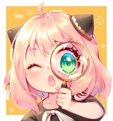  1girl ahoge anya_(spy_x_family) black_dress blush border bow child commentary dress dress_bow english_commentary green_eyes hairpods highres holding holding_magnifying_glass kishishiotani looking_at_viewer magnifying_glass medium_hair one_eye_closed open_mouth orange_background pink_hair portrait solo spy_x_family white_border white_bow 