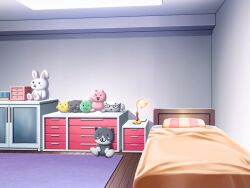  bed bedroom blanket book cabinet carpet ceiling_light chest_of_drawers desk desk_lamp drawer game_asset glasses indoors lamp no_humans non-web_source official_art pillow rug seisenki_valkyrie_sisters self-datamine shelf stuffed_animal stuffed_cat stuffed_rabbit stuffed_toy teddy_bear variant_set visual_novel_cg wooden_floor 
