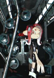  1girl agent_8_(splatoon) armlet baseball_cap bent_bars boots closed_mouth contrast crop_top dark_background deep_sea_jellyfish_(splatoon) door dot_mouth fake_text flat_chest grab_bar grab_handle green_hat green_shirt grey_hat hat high_contrast highres horizontal_pupils jellyfish jellyfish_(splatoon) jewelry k1ribarai large_ears looking_at_viewer multicolored_eyes multicolored_hair multiple_others octoling orange_eyes overexposure red_eyes red_hair rust shirt sitting skin_tight solo_focus splatoon_(series) splatoon_2 splatoon_2:_octo_expansion stanchion standing subway tentacle_hair train_interior two-tone_hair white_hair 
