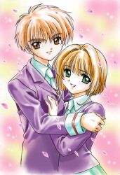  1boy 1girl aged_up bad_id blue_shirt blue_skirt brown_eyes brown_hair cardcaptor_sakura closed_mouth collared_shirt falling_petals fujita_mariko green_eyes hair_intakes hand_on_another's_arm hand_on_another's_chest jacket kinomoto_sakura li_syaoran official_artist_extra parted_lips petals pink_background pink_petals pleated_skirt purple_jacket shirt short_hair skirt sleeve_cuffs smile upper_body 