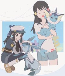  1girl akari_(pokemon) black_hair black_pantyhose black_sash capelet closed_eyes closed_mouth commentary commentary_request flower frown galaxy_team_survey_corps_uniform glaceon grey_eyes grey_jacket grey_shorts hair_flower hair_ornament hat highres holding holding_pokemon jacket long_hair loose_socks mixed-language_commentary open_mouth pantyhose pokemon pokemon_(creature) pokemon_legends:_arceus ponytail rone_(5uno0nova4) sailor_hat sandals sash shirt shorts sidelocks socks vaporeon white_capelet white_hat white_shirt white_socks 