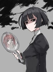  +++ 2girls absurdres alternate_hair_length_(shorter) alternate_hairstyle aozaki_aoko black_dress black_eyes black_hair bob_cut closed_eyes commentary_request dress frown highres holding holding_mirror jonyeld juliet_sleeves kuonji_alice laughing long_sleeves looking_at_viewer mahou_tsukai_no_yoru mirror multiple_girls puffy_sleeves short_hair smile upper_body 
