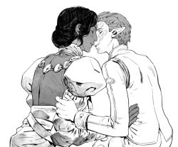 2girls aquiline_nose black_hair braid bw2gold closed_eyes commentary dark-skinned_female dark_skin dragon_age dragon_age:_inquisition elf facial_tattoo greyscale hair_bun hand_on_another's_arm imminent_kiss inquisitor_(dragon_age) jewelry josephine_montilyet long_sleeves monochrome multiple_girls necklace nose pixie_cut pointy_ears puffy_long_sleeves puffy_sleeves sitting tattoo white_background 