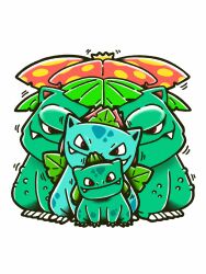  animal_focus billyjazz bulbasaur closed_mouth commentary evolutionary_line fangs full_body head_tilt highres ivysaur leaf motion_lines no_humans nostrils pokemon pokemon_(creature) pokemon_focus red_eyes simple_background smile spots variant_set venusaur white_background 