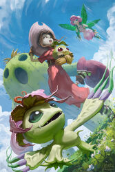  2girls artist_name belt blue_sky brown_belt brown_eyes brown_gloves cactus claws clouds colored_skin commentary cowboy_hat cowgirl_(western) day digimon digimon_(creature) dress english_commentary evolutionary_line fangs flower gloves green_eyes green_skin hair_flower hair_ornament hat highres leaf_wings lilimon mcgmark multiple_girls open_mouth outdoors palmon pink_dress pink_hat plant red_eyes sandals short_sleeves signature sky smile socks tachikawa_mimi tanemon togemon vines 