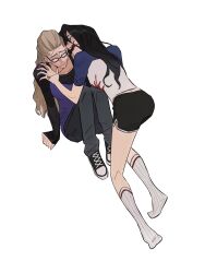  2girls anita_lesnecki black_hair black_shirt black_shoes blonde_hair blood blood_on_clothes blood_on_face blue_shirt blue_tank_top commentary dingnin98201637 english_commentary glasses highres jennifer's_body jennifer_check layered_clothes multiple_girls shirt shoes socks tank_top white_shirt white_socks yuri 