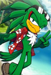  1boy artist_name beach beak bird_boy bird_tail closed_mouth english_commentary eyewear_on_head feather_tail furry furry_male highres jet_the_hawk looking_at_viewer male_focus ocean open_clothes open_shirt palm_tree red_shirt sand selfie shirt shore smile sonic_(series) sonic_riders_(series) sunglasses tail tree v zimakum 